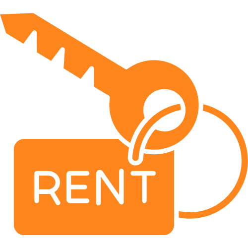 Cartoon icon of keys with 'RENT' label